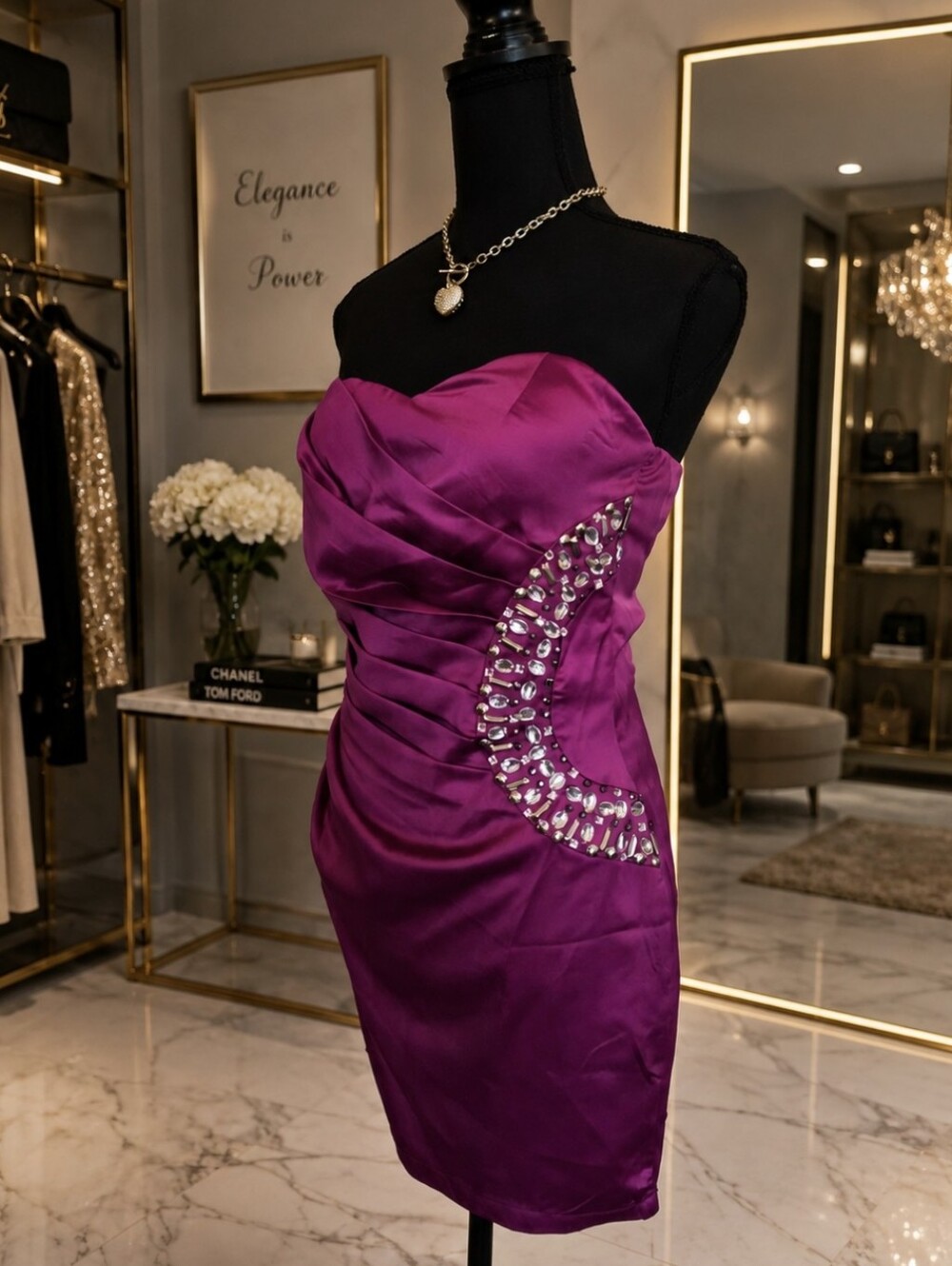 AX Paris Fuchsia Satin Spaghetti-Strap Cocktail Dress with Side Embellishments